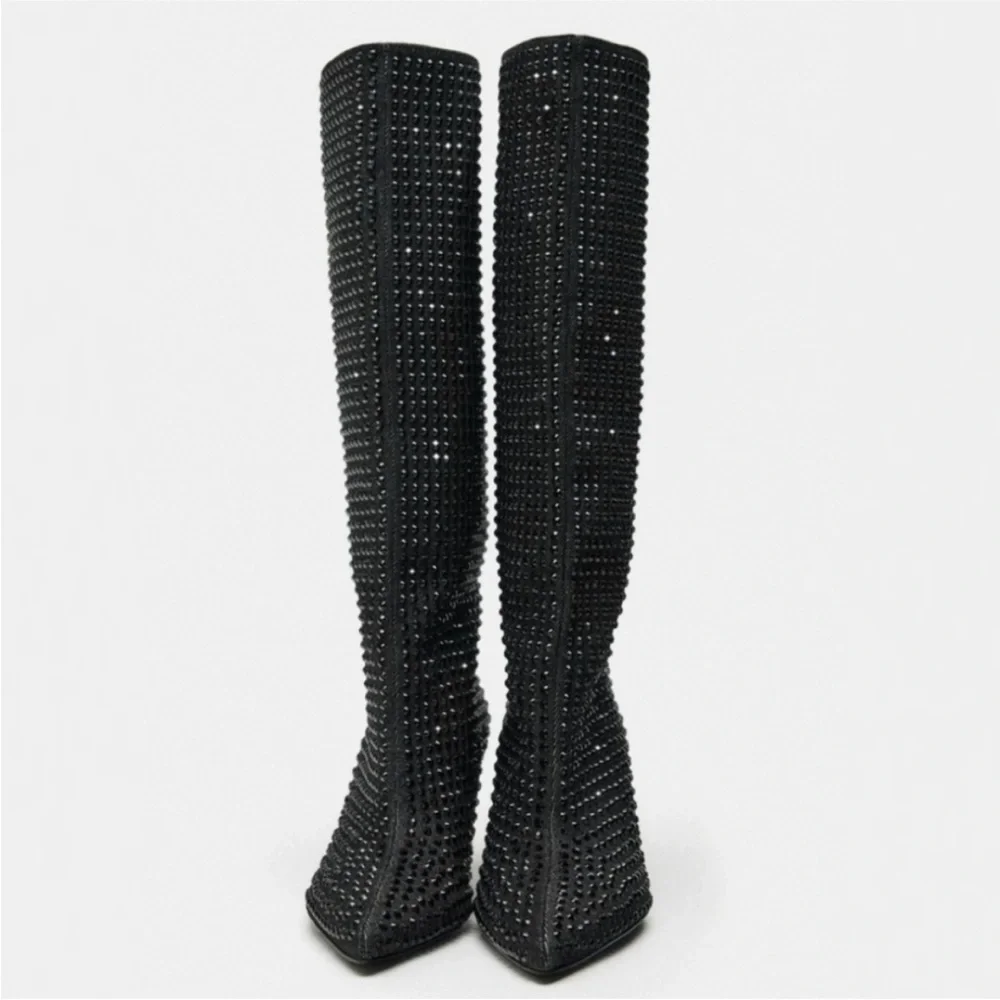 ZARA POINTED TOE RHINESTONE HEELED KNEE HIGH BOOTS - Picture 9 of 9